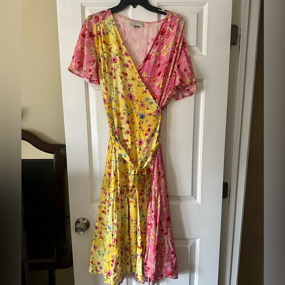 Never Fully Dressed yellow and pink floral midi wrap dress, size 10 - Picture 2 of 6